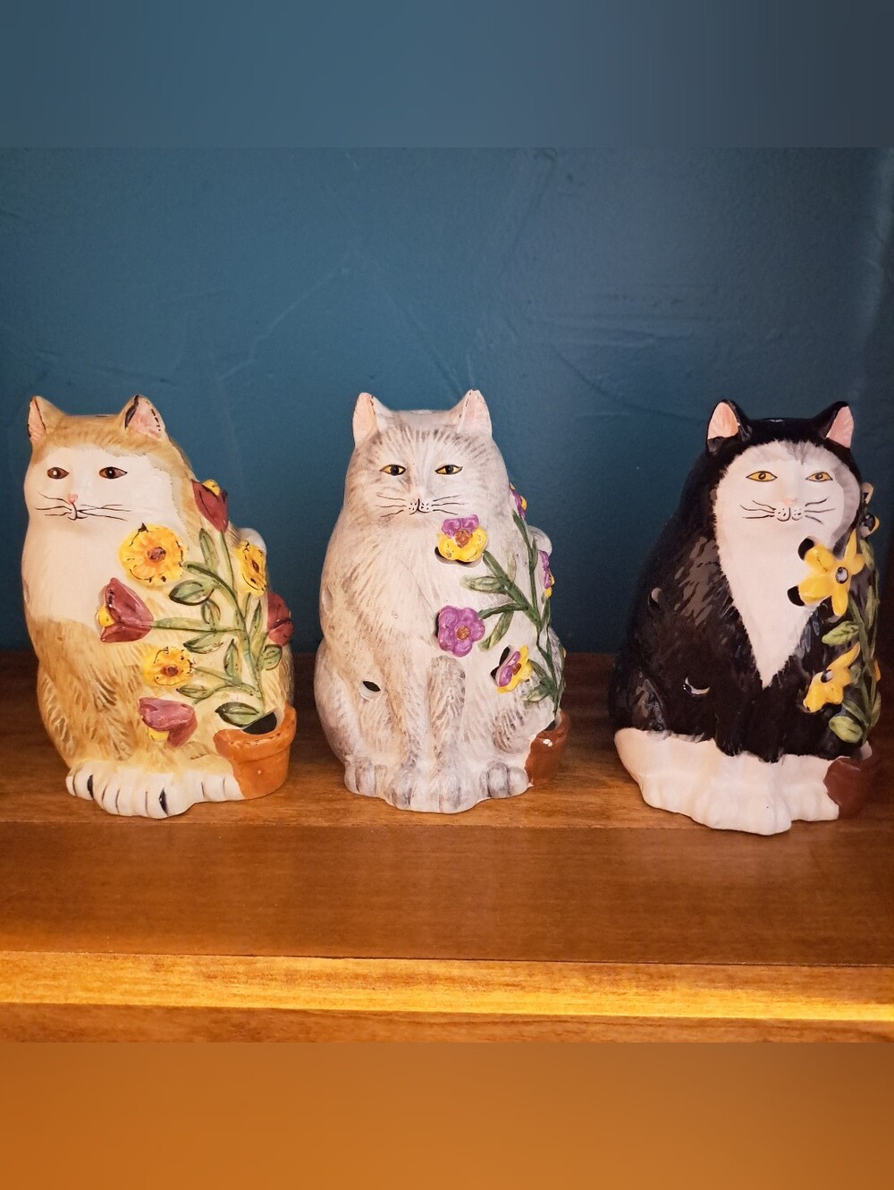 Vintage 1990's Ceramic Hand-painted Trio Cat Figure Candleholders